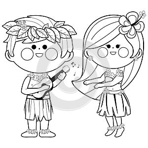 Hawaiian children playing music and hula dancing. Summer Hawaii island vacations at beach. Vector black and white coloring page