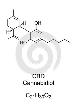 Cannabidiol, CBD, found in cannabis plants, chemical structure photo
