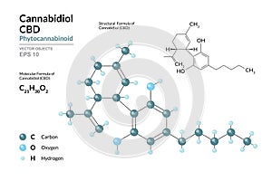 CBD. Cannabidiol. Phytocannabinoid. Structural Chemical Formula and Molecule 3d Model. C21H30O2. Atoms with Color Coding. Vector