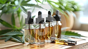 CBD Essentials: Oils and Vape Pen on Wooden Serenity. Concept CBD Oils, Vape Pen, Wooden Serenity