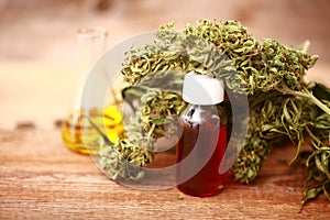CBD oil bottle and hemp products cannabis