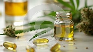 CBD oil in a glass bottle, capsules, and cannabis buds on a wooden surface with a blurred background