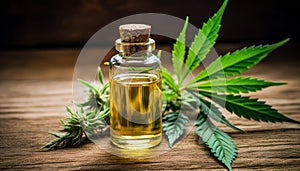 CBD Oil with Indian Hemp Leaves on Wooden Table - Natural Wellness - Generative AI