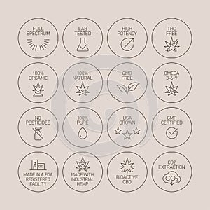 CBD oil properties vector icons set collection photo