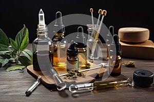 cbd oil on wooden table, surrounded by vape pens and other cbd products