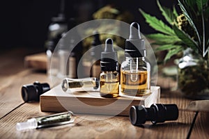 cbd oil on wooden table, surrounded by vape pens and other cbd products