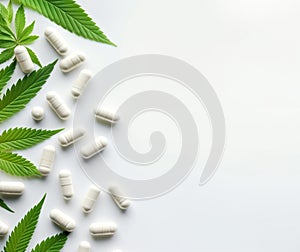 CBD pills and Cannabidiol capsules on white background. View from above