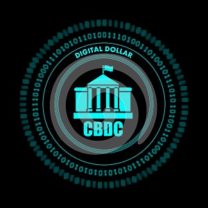 CBDC Cyber Dollar. Central Bank Digital Currency. Dark neon light theme coin. Privacy threat. Wire money vector illustration.