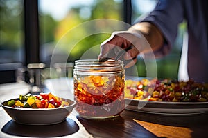 CBG Gummies. a person putting food into a jar on a table