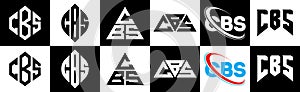 CBS letter logo design in six style. CBS polygon, circle, triangle, hexagon, flat and simple style with black and white color photo
