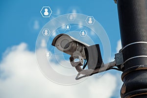 CCD surveillance camera mounted on a pole in the street