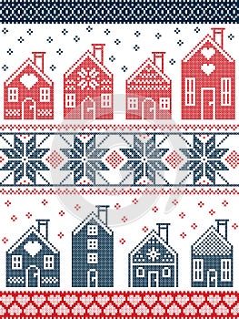 CChristmas and festive winter pattern in cross stitch style with gingerbread house village including decorative elements blue, red