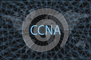 CCNA Certified Network Associate inscription on a dark background and a world map