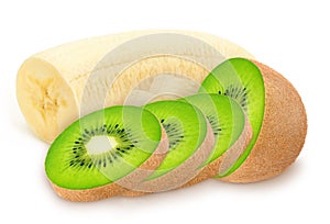 Ccomposition with cutted banana and kiwi isolated on a white background.