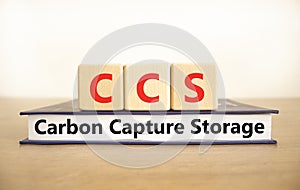 CCS Carbon capture storage symbol. Concept words CCS Carbon capture storage on beautiful wooden blocks book. Beautiful white