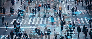 CCTV AI Facial Recognition Big Data Analysis Interface Scanning of a Crowd of People Walking on Busy Urban City Streets