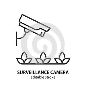 CCTV cam monitoring line icon. Surveillance camera outline vector illustration. Smart farming symbol. Editable stroke