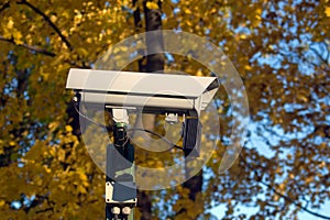 CCTV camera on the background of yellow autumn foliage.