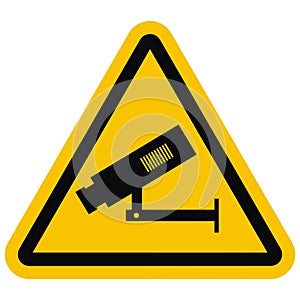 CCTV camera, black sign , warning  triangle yelow shape, eps.