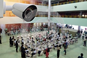 CCTV Camera with Blurred Group of People in hall