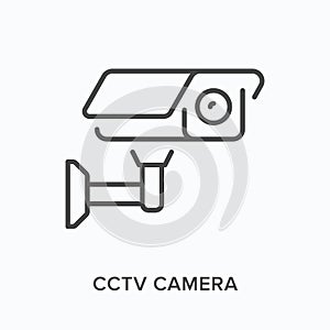 Cctv camera flat line icon. Vector outline illustration of security surveillance system. Black thin linear pictogram for