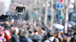 CCTV camera focused on a dense crowd on a street