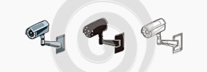 CCTV camera icons set - colored, silhouette, line icon vector illustrations