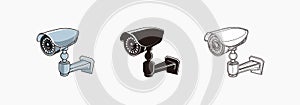 CCTV camera icons set with fancy design - colored, silhouette, line icon vector illustrations