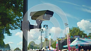 A CCTV camera mounted on a high pole surveys a festival venue keeping a watchful eye on any hostile vehicle activity.