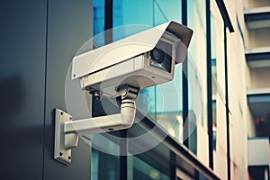 CCTV camera at the office building, camera on the wall of an office building, surveillance and company security, security of an