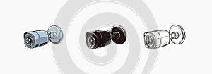 CCTV camera outdoor icons set with tube shape design - colored, silhouette, line icon vector illustrations