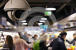 cctv camera overseeing a selfcheckout area with customers scanning items