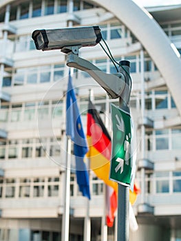 CCTV camera on a pole with flags