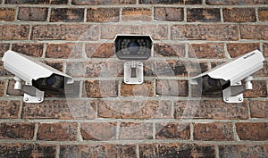 CCTV camera on the red brick wall. Set of different views. 3d rendering illustration