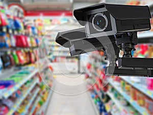 Cctv camera or security camera on retail shop blurred background