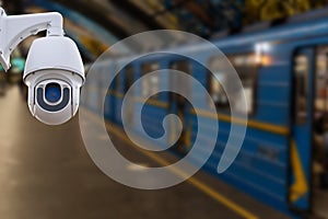 CCTV Camera security operating on subway station platform.underground railways station