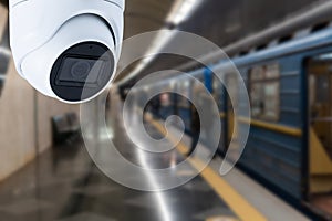 CCTV Camera security operating on subway station platform.underground railways station