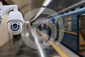 CCTV Camera security operating on subway station platform.underground railways station