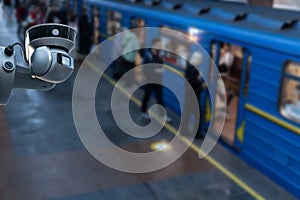 CCTV Camera security operating on subway station platform.underground railways station