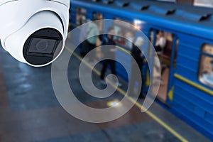 CCTV Camera security operating on subway station platform.underground railways station