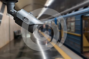 CCTV Camera security operating on subway station platform.underground railways station