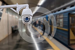 CCTV Camera security operating on subway station platform.underground railways station