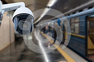 CCTV Camera security operating on subway station platform.underground railways station