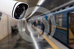 CCTV Camera security operating on subway station platform.underground railways station