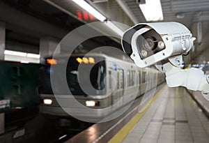 CCTV Camera security operating on subway station platform.underground railways station.