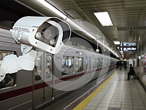 CCTV Camera security operating on subway station platform.underground railways station..