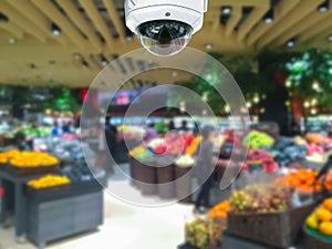 CCTV camera security in shopping mall with supermarket blur back