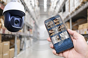 CCTV camera or surveillance operating in store or warehouse, mobile connect with security camera
