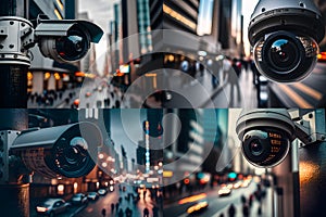 CCTV Camera or surveillance operating on street and building at night. Neural network AI generated