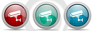 Cctv camera vector icon set, glossy security system buttons collection